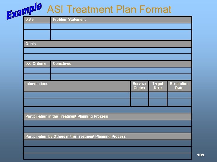 ASI Treatment Plan Format Date Problem Statement Goals D/C Criteria Objectives Interventions Service Codes ASI Treatment Plan Format Date Problem Statement Goals D/C Criteria Objectives Interventions Service Codes