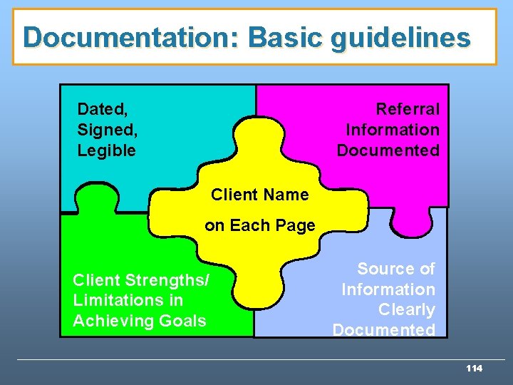 Documentation: Basic guidelines Dated, Signed, Legible Referral Information Documented Client Name on Each Page Documentation: Basic guidelines Dated, Signed, Legible Referral Information Documented Client Name on Each Page