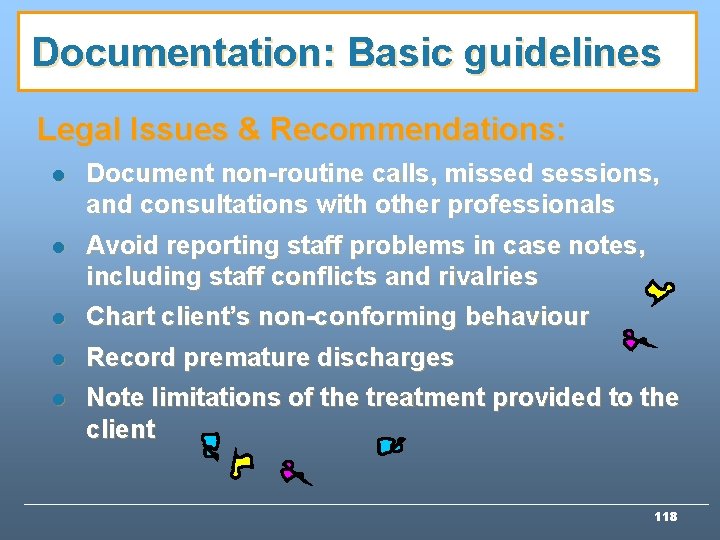 Documentation: Basic guidelines Legal Issues & Recommendations: l Document non-routine calls, missed sessions, and Documentation: Basic guidelines Legal Issues & Recommendations: l Document non-routine calls, missed sessions, and