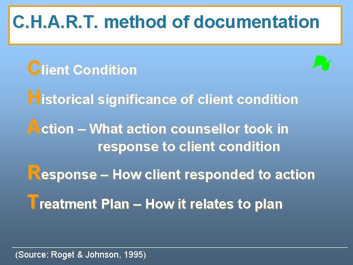 C. H. A. R. T. method of documentation Client Condition Historical significance of client C. H. A. R. T. method of documentation Client Condition Historical significance of client