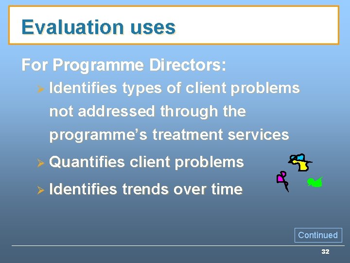 Evaluation uses For Programme Directors: Ø Identifies types of client problems not addressed through Evaluation uses For Programme Directors: Ø Identifies types of client problems not addressed through