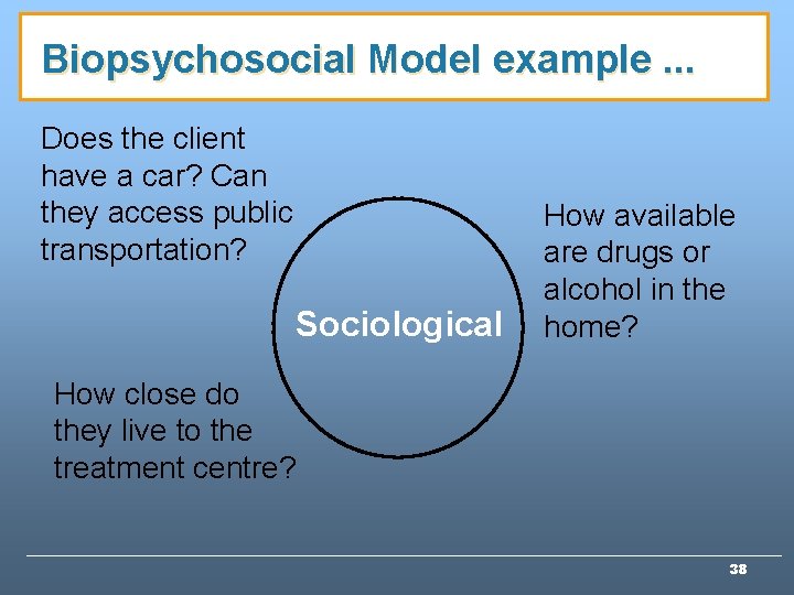 Biopsychosocial Model example. . . Does the client have a car? Can they access Biopsychosocial Model example. . . Does the client have a car? Can they access