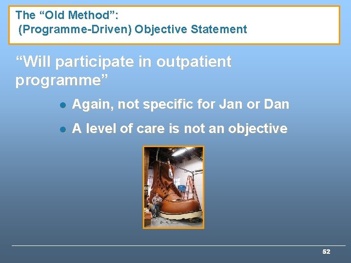 The “Old Method”: (Programme-Driven) Objective Statement “Will participate in outpatient programme” l Again, not The “Old Method”: (Programme-Driven) Objective Statement “Will participate in outpatient programme” l Again, not