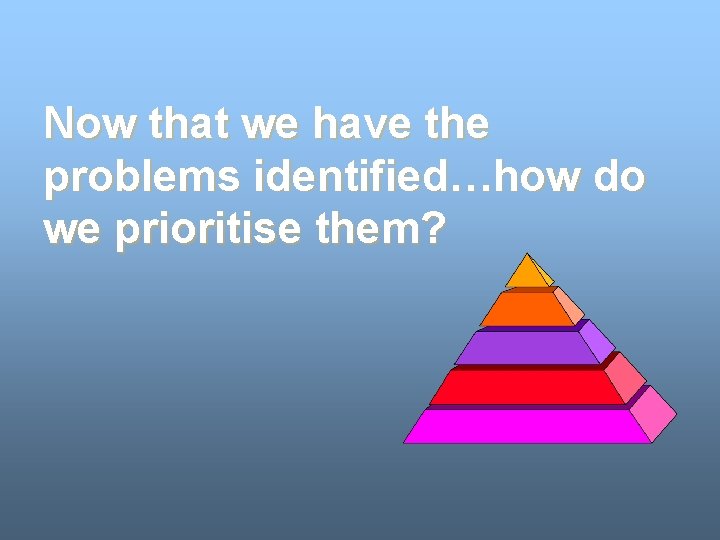 Now that we have the problems identified…how do we prioritise them? Now that we have the problems identified…how do we prioritise them?