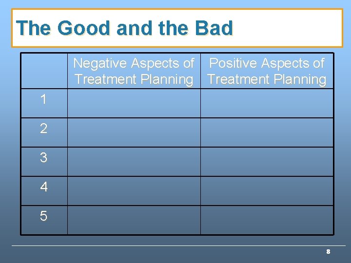 The Good and the Bad Negative Aspects of Positive Aspects of Treatment Planning 1 The Good and the Bad Negative Aspects of Positive Aspects of Treatment Planning 1