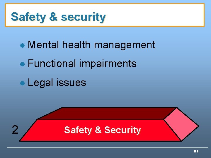Safety & security l Mental health management l Functional l Legal 2 impairments issues Safety & security l Mental health management l Functional l Legal 2 impairments issues