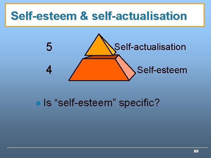 Self-esteem & self-actualisation l 5 Self-actualisation 4 Self-esteem Is “self-esteem” specific? 85 Self-esteem & self-actualisation l 5 Self-actualisation 4 Self-esteem Is “self-esteem” specific? 85