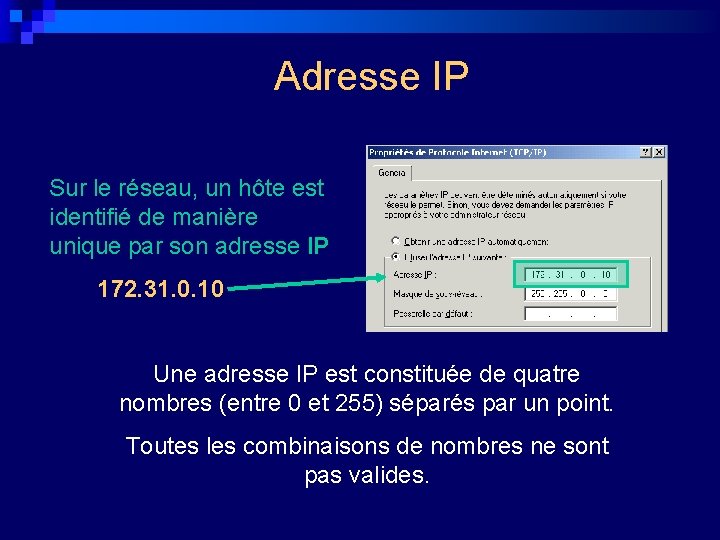 Adresse IP Sur le réseau, un hôte est identifié de manière unique par son