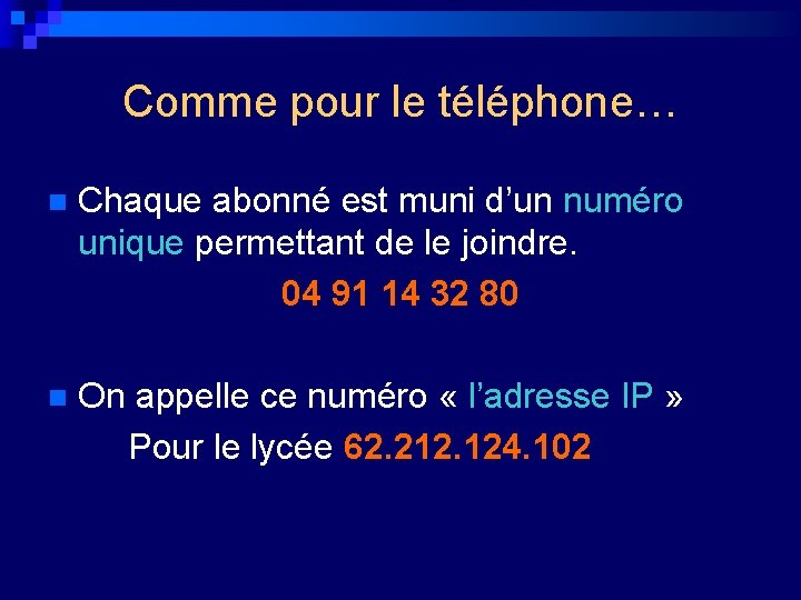 Comme pour le téléphone… n Chaque abonné est muni d’un numéro unique permettant de