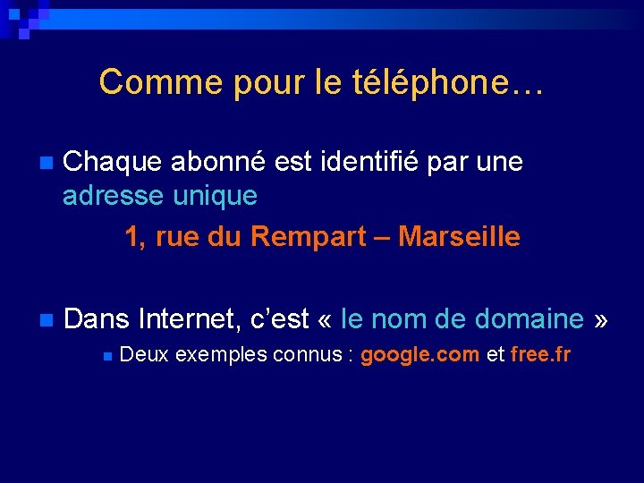 Comme pour le téléphone… n Chaque abonné est identifié par une adresse unique 1,