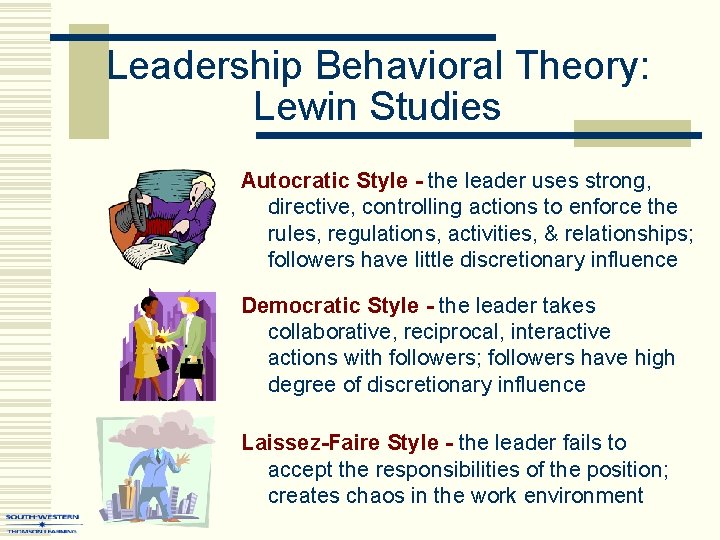 Leadership Behavioral Theory: Lewin Studies Autocratic Style - the leader uses strong, directive, controlling