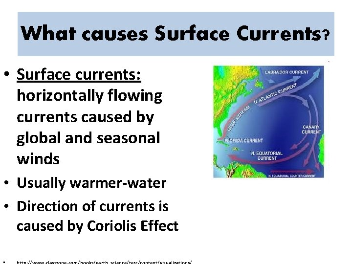 What causes Surface Currents? • Surface currents: horizontally flowing currents caused by global and