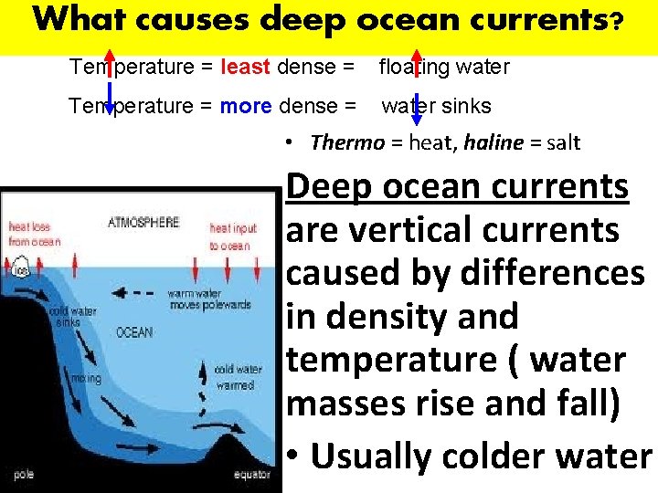 What causes deep ocean currents? Temperature = least dense = floating water Temperature =