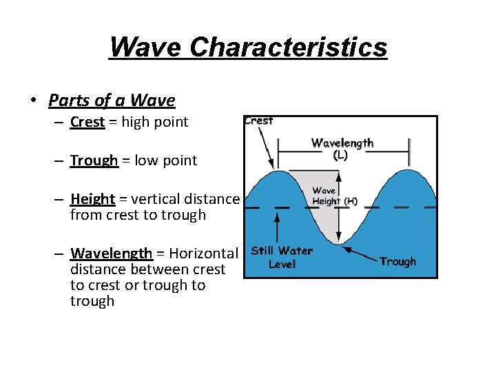 Wave Characteristics • Parts of a Wave – Crest = high point – Trough