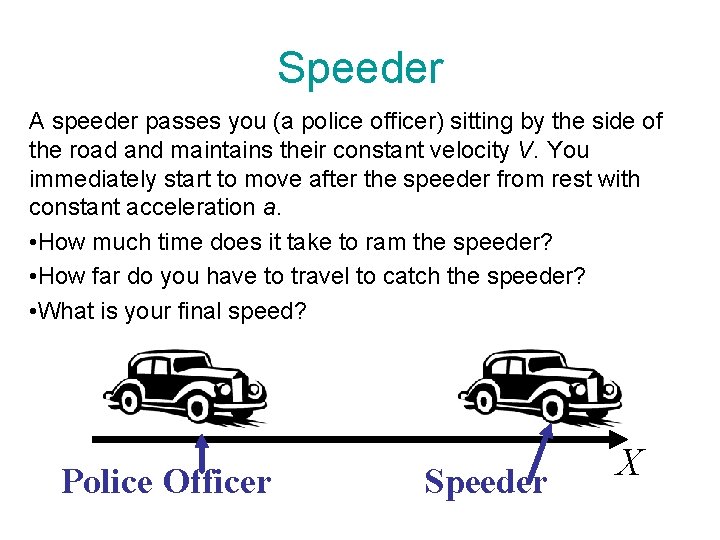 Speeder A speeder passes you (a police officer) sitting by the side of the