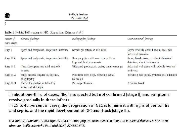 In about one-third of cases, NEC is suspected but not confirmed (stage I), and