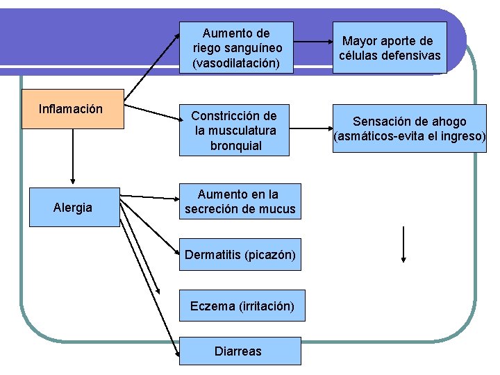 Aumento de riego sanguíneo (vasodilatación) Inflamación Alergia Constricción de la musculatura bronquial Aumento en