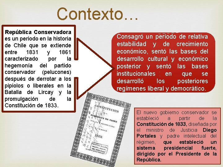 Contexto… República Conservadora es un periodo en la historia de Chile que se extiende Contexto… República Conservadora es un periodo en la historia de Chile que se extiende