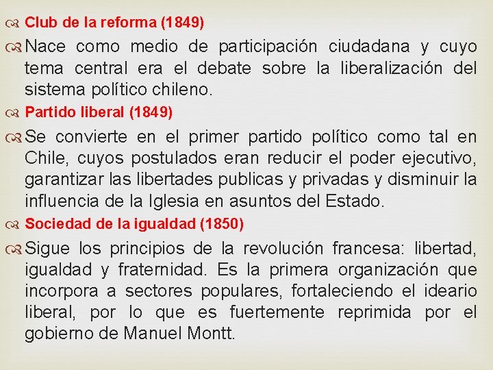 Club de la reforma (1849) Nace como medio de participación ciudadana y cuyo Club de la reforma (1849) Nace como medio de participación ciudadana y cuyo
