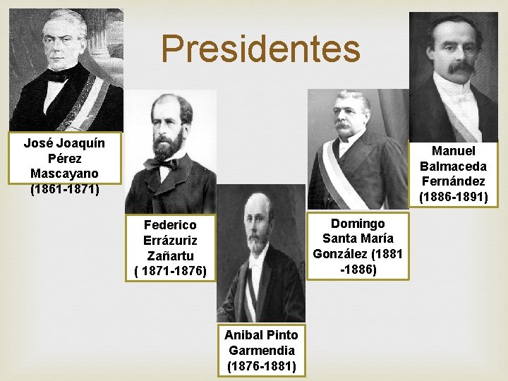 Presidentes José Joaquín Pérez Mascayano (1861 -1871) Manuel Balmaceda Fernández (1886 -1891) Domingo Santa Presidentes José Joaquín Pérez Mascayano (1861 -1871) Manuel Balmaceda Fernández (1886 -1891) Domingo Santa