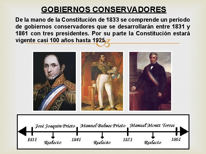 GOBIERNOS CONSERVADORES De la mano de la Constitución de 1833 se comprende un período GOBIERNOS CONSERVADORES De la mano de la Constitución de 1833 se comprende un período