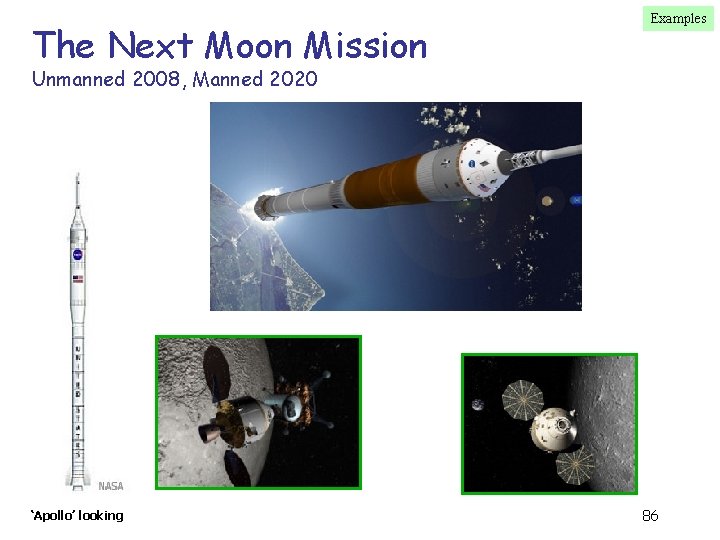 The Next Moon Mission Examples Unmanned 2008, Manned 2020 ‘Apollo’ looking 86 