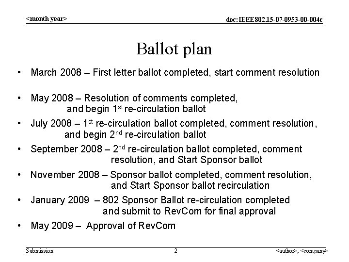 <month year> doc: IEEE 802. 15 -07 -0953 -00 -004 c Ballot plan • <month year> doc: IEEE 802. 15 -07 -0953 -00 -004 c Ballot plan •