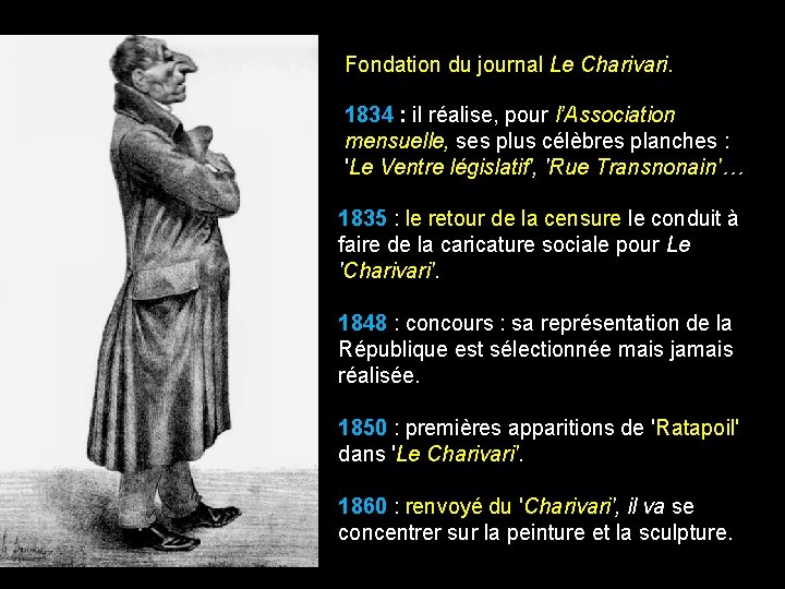 Fondation du journal Le Charivari. 1834 : il réalise, pour l’Association mensuelle, ses plus