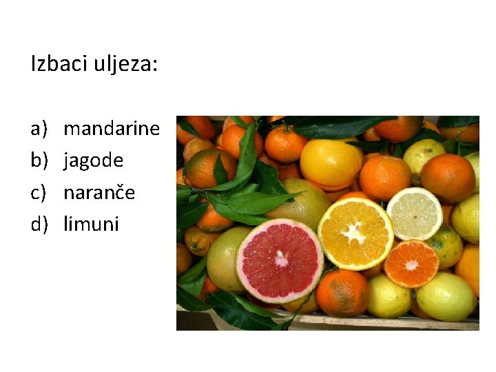 Izbaci uljeza: a) b) c) d) mandarine jagode naranče limuni 