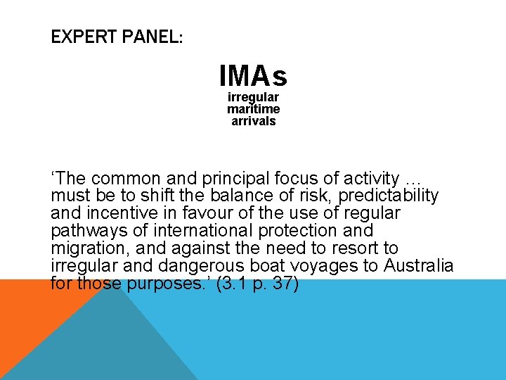 EXPERT PANEL: IMAs irregular maritime arrivals ‘The common and principal focus of activity …