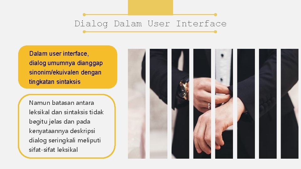 Dialog Dalam User Interface Dalam user interface, dialog umumnya dianggap sinonim/ekuivalen dengan tingkatan sintaksis