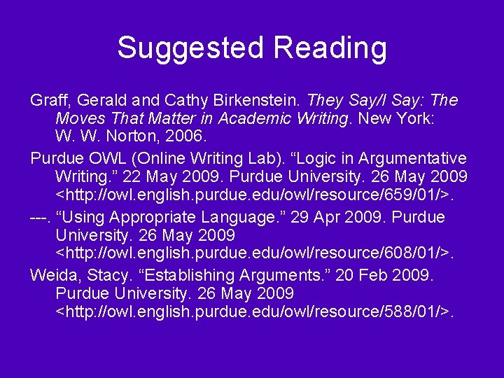 Suggested Reading Graff, Gerald and Cathy Birkenstein. They Say/I Say: The Moves That Matter Suggested Reading Graff, Gerald and Cathy Birkenstein. They Say/I Say: The Moves That Matter