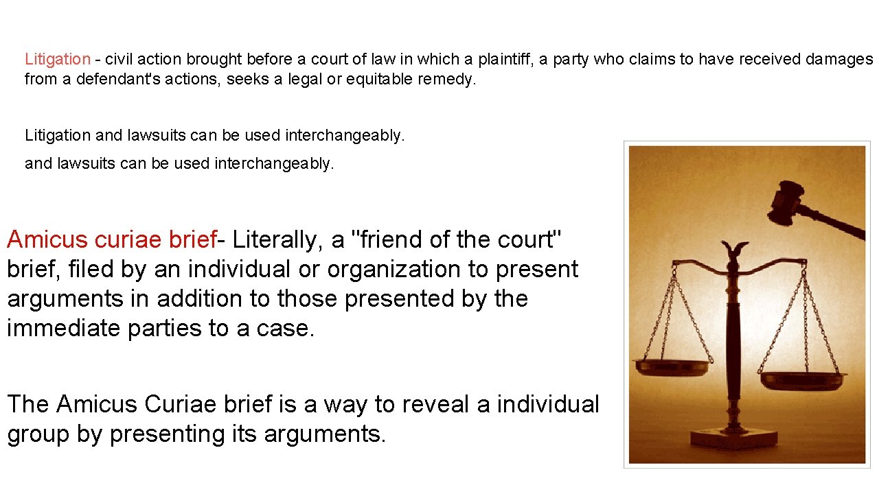 Litigation - civil action brought before a court of law in which a plaintiff,