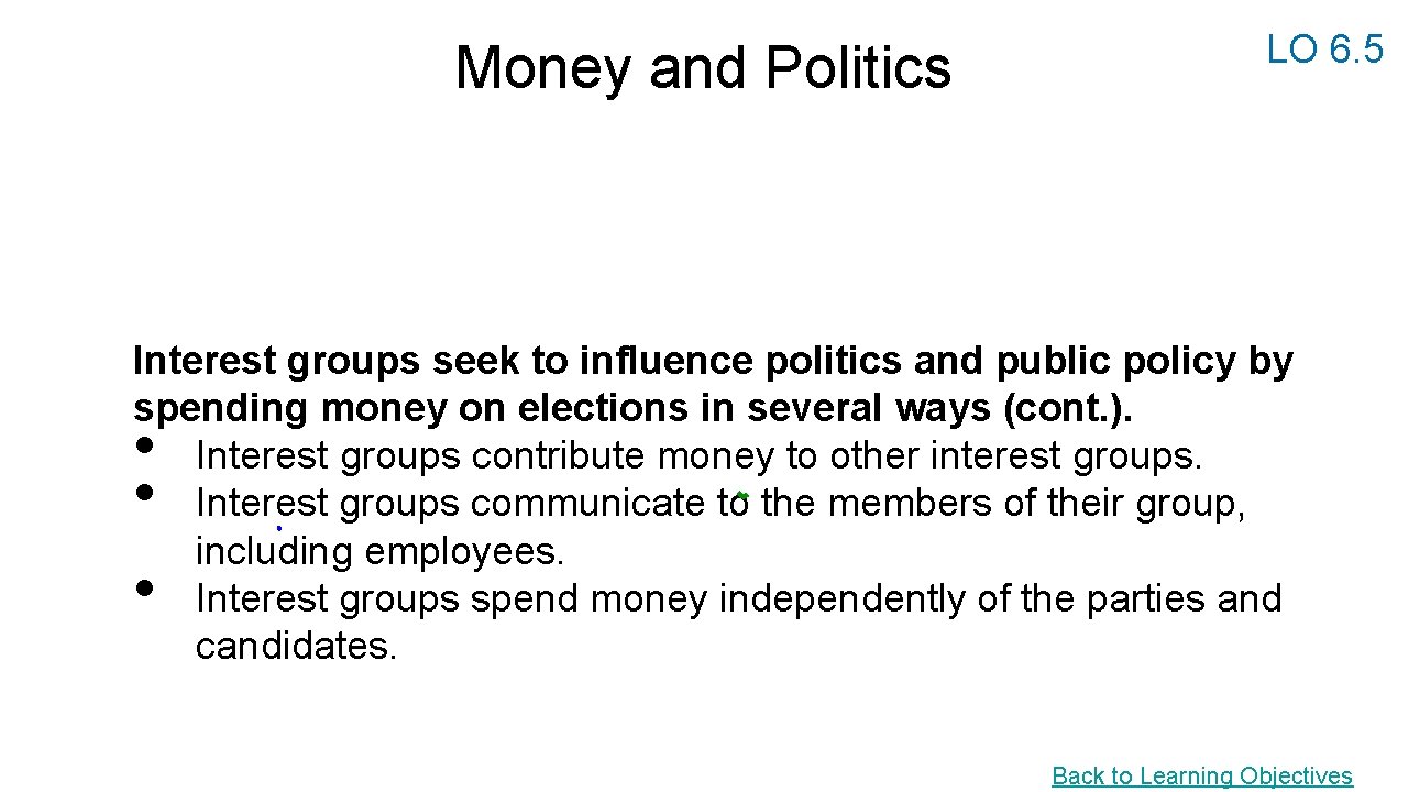 Money and Politics LO 6. 5 Interest groups seek to influence politics and public