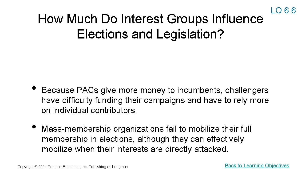 How Much Do Interest Groups Influence Elections and Legislation? • • LO 6. 6