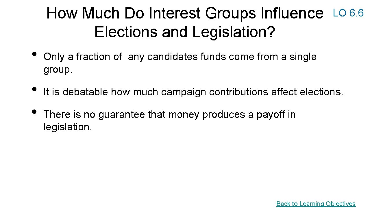 How Much Do Interest Groups Influence Elections and Legislation? • • • LO 6.