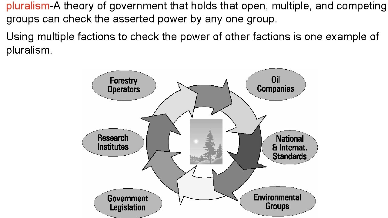 pluralism-A theory of government that holds that open, multiple, and competing groups can check