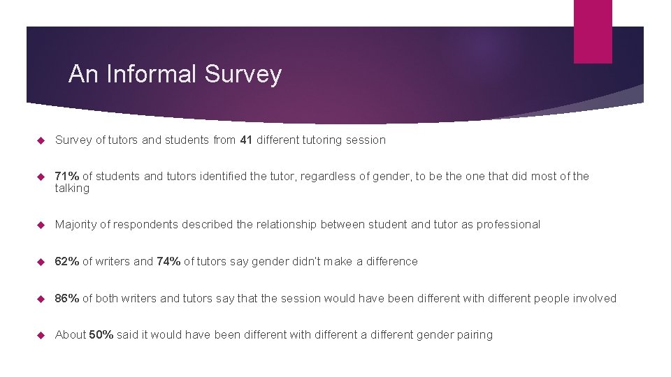 An Informal Survey of tutors and students from 41 different tutoring session 71% of An Informal Survey of tutors and students from 41 different tutoring session 71% of