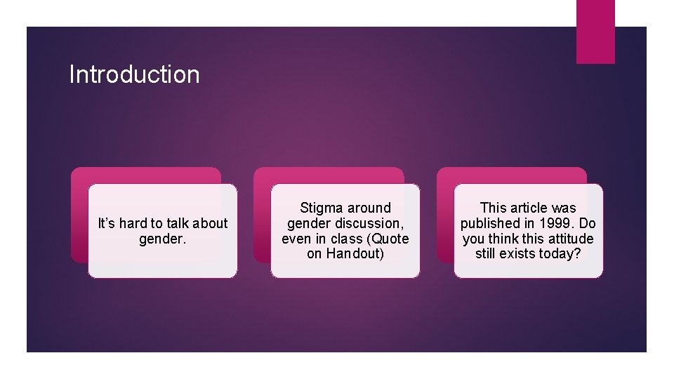 Introduction It’s hard to talk about gender. Stigma around gender discussion, even in class Introduction It’s hard to talk about gender. Stigma around gender discussion, even in class