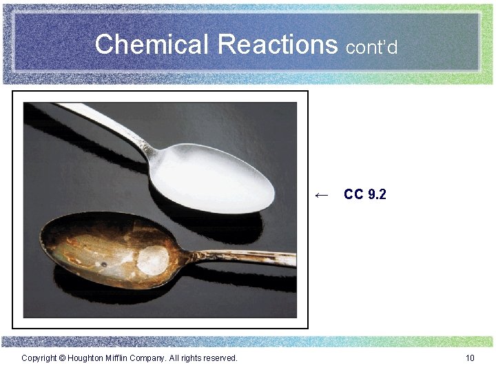 Chemical Reactions cont’d ← Copyright © Houghton Mifflin Company. All rights reserved. CC 9.