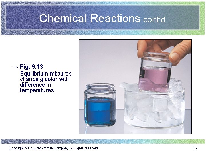 Chemical Reactions cont’d → Fig. 9. 13 Equilibrium mixtures changing color with difference in