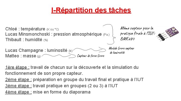 I-Répartition des tâches Chloé : température (K ou °C) Lucas Minsmonchoski : pression atmosphérique