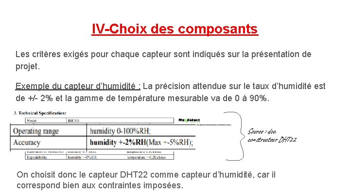 IV-Choix des composants Les critères exigés pour chaque capteur sont indiqués sur la présentation