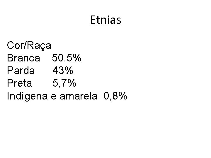 Etnias Cor/Raça Branca 50, 5% Parda 43% Preta 5, 7% Indígena e amarela 0,
