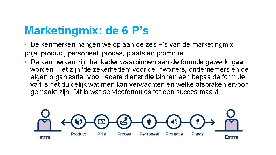 Marketingmix: de 6 P’s De kenmerken hangen we op aan de zes P’s van