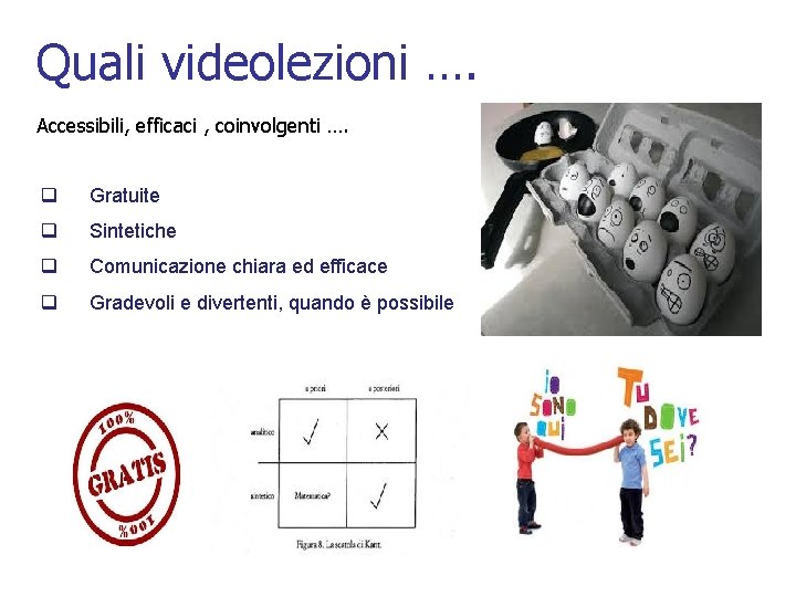 Quali videolezioni …. Accessibili, efficaci , coinvolgenti …. q Gratuite q Sintetiche q Comunicazione