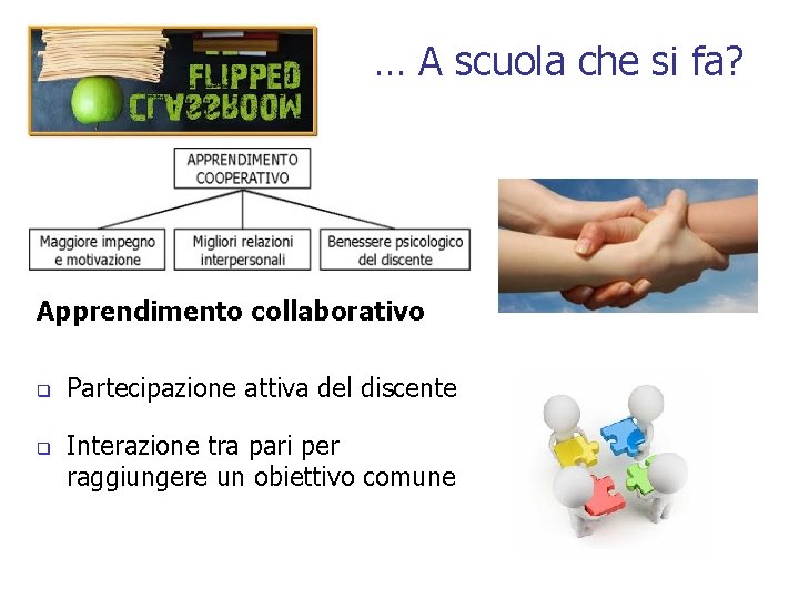 … A scuola che si fa? Apprendimento collaborativo q q Partecipazione attiva del discente