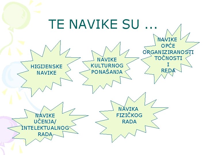 TE NAVIKE SU. . . HIGIJENSKE NAVIKE UČENJA/ INTELEKTUALNOG RADA NAVIKE KULTURNOG PONAŠANJA NAVIKA