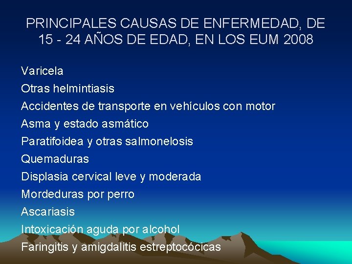 PRINCIPALES CAUSAS DE ENFERMEDAD, DE 15 - 24 AÑOS DE EDAD, EN LOS EUM