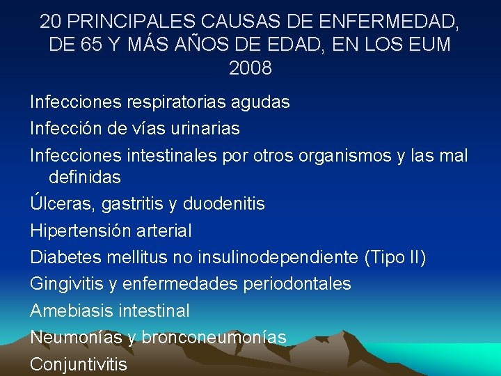 20 PRINCIPALES CAUSAS DE ENFERMEDAD, DE 65 Y MÁS AÑOS DE EDAD, EN LOS